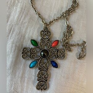Avon Vintage Large‎ Cross Pendant Necklace w/ Stones